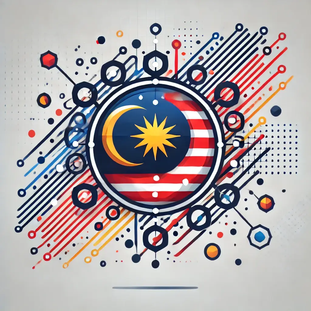 abstract elements that represent collaboration, innovation, and business growth, using a vibrant color palette inspired by the Malaysian flag.
