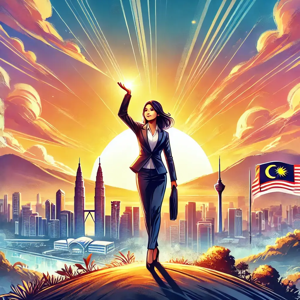 a young Malaysian entrepreneur standing triumphantly on a hilltop at sunrise, overlooking a cityscape