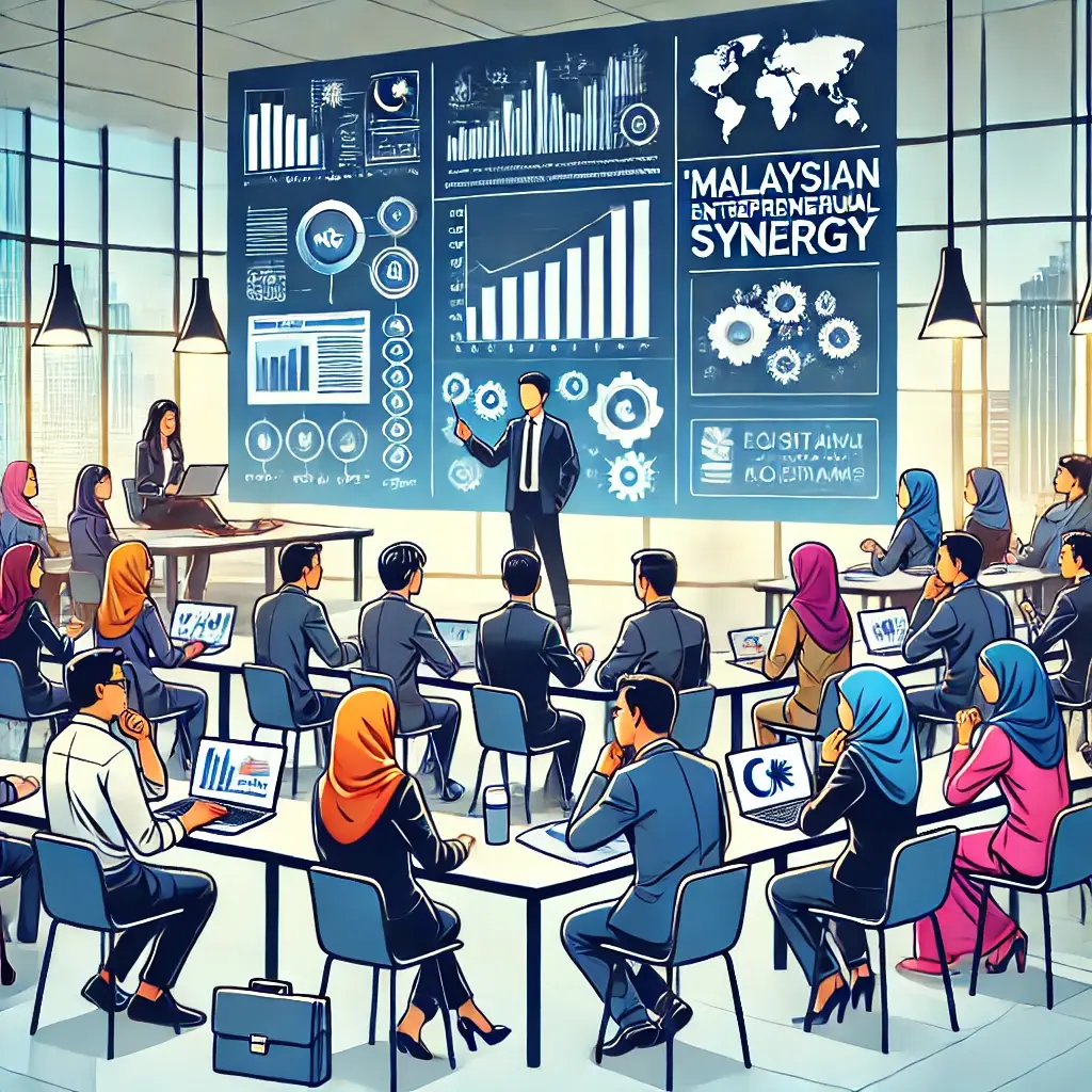 an interactive workshop scene with a diverse group of participants, a presenter explaining business concepts using digital tools, and visual aids like charts and screens.