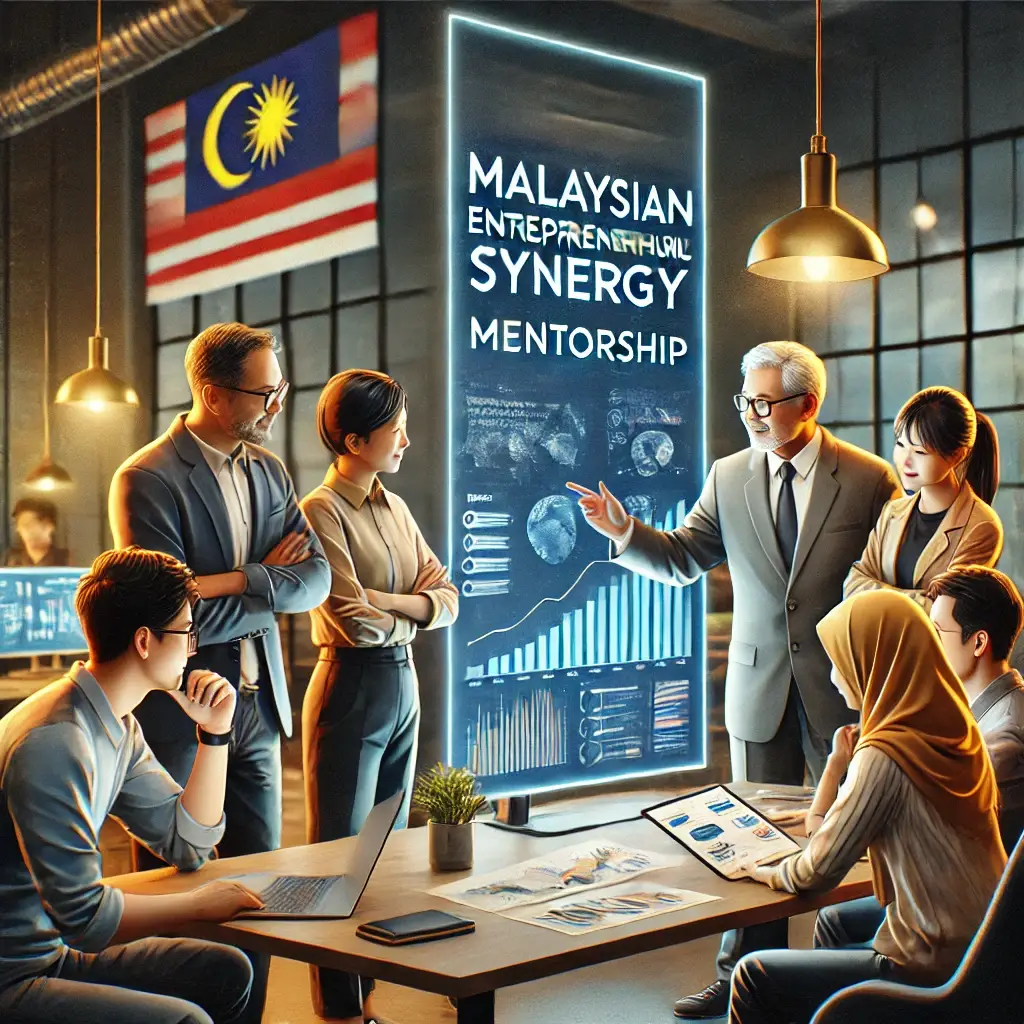 a mentoring session where an experienced entrepreneur is providing guidance to a diverse group of young startup founders in a modern office setting